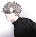  1blgs 1boy black_sweater closed_mouth grey_eyes grey_hair highres ilay_riegrow light_smile looking_at_viewer male_focus passion_(manhwa) short_hair simple_background solo sweater upper_body white_background 
