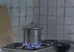  absurdres blue_fire board bowl cooking_pot fire highres indoors kettle kitchen no_humans original s3_lmm still_life stove tile_wall tiles 