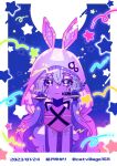  1girl aliasing animal_hood blue_background border character_name closed_mouth collarbone commentary_request criss-cross_halter dated expressionless full_moon gradient_background halterneck highres hood hood_up hoodie ikkokudou looking_at_viewer microphone moon outside_border pink_hoodie purple_hair rabbit_hood shooting_star_(symbol) short_hair_with_long_locks solo starry_background straight-on translation_request twitter_username upper_body violet_eyes vocaloid voiceroid white_border yuzuki_yukari zipper_pull_tab 