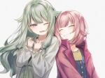  2girls blue_overalls blush closed_eyes dress facing_another green_dress green_hair grey_shirt grin hair_between_eyes hands_on_own_chest highres hood hood_down hooded_jacket jacket kusanagi_nene long_hair long_sleeves looking_at_another multiple_girls nuko_0108 ootori_emu open_clothes open_mouth open_shirt overalls own_hands_together pink_hair pink_jacket project_sekai raised_eyebrows shirt side-by-side sidelocks simple_background smile teeth upper_body violet_eyes white_background 