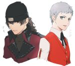  2boys aragaki_shinjirou beanie black_hair black_headwear black_ribbon coat cropped_torso grey_eyes grey_hair hair_between_eyes hat isa_(peien516) long_hair male_focus multiple_boys neck_ribbon persona persona_3 red_coat red_sweater_vest ribbon sanada_akihiko shirt simple_background sweater_vest upper_body white_background white_shirt 