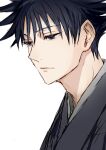 1boy black_hair close-up closed_mouth commentary fushiguro_megumi japanese_clothes jujutsu_kaisen kimono male_focus nori20170709 short_hair simple_background solo symbol-only_commentary white_background 