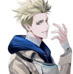  1boy bag blonde_hair blue_eyes blue_hoodie hand_up hood hood_down hoodie jacket long_sleeves looking_at_viewer male_focus millions_knives mole mole_under_eye short_hair simple_background smile solo trigun trigun_stampede tte_(t_ombi) upper_body watch watch white_background white_jacket 