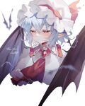  1girl ascot bat_(animal) bat_wings blue_hair blush character_name closed_mouth commentary_request cropped_torso hat hat_ribbon highres mob_cap pointy_ears red_ascot red_eyes red_ribbon remilia_scarlet ribbon short_hair simple_background solo sorani_(kaeru0768) touhou upper_body white_background white_headwear wings 