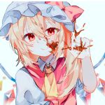  1girl ascot blonde_hair blood blood_splatter bow buttons chicachang clenched_hand closed_mouth collared_shirt crystal flandre_scarlet hair_between_eyes hat hat_bow highres looking_at_viewer mob_cap one_side_up puffy_short_sleeves puffy_sleeves red_bow red_eyes shirt short_sleeves sketch smile solo touhou upper_body white_background white_headwear white_shirt wings yellow_ascot 