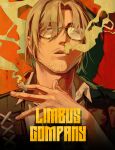  1boy brown_eyes brown_hair cigarette colorful english_text facial_hair glasses gregor_(limbus_company) limbus_company male_focus part_7 ponytail project_moon red_background shirt smoke smoking solo vest 