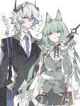 ... 1boy 1girl absurdres animal_ear_fluff animal_ears arknights bag blue_hair bow closed_mouth commentary_request gexingdeng235 green_eyes green_hair grey_bow grey_hair grey_skirt grey_vest hair_between_eyes hair_intakes hand_up harmonie_(arknights) highres horns keychain long_hair multicolored_hair pleated_skirt puzzle_(arknights) shirt simple_background skirt smile spoken_ellipsis streaked_hair very_long_hair vest white_background white_shirt 