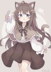  1girl :o absurdres ahoge animal_ears black_ribbon black_sailor_collar blue_eyes blush brown_capelet brown_hair brown_skirt buttons capelet cat_ears cat_girl cat_hair_ornament cat_tail center_frills colon_br cowboy_shot frilled_capelet frilled_shirt frills grey_background hair_between_eyes hair_ornament hairclip high-waist_skirt highres legs_together long_sleeves looking_at_viewer neck_ribbon open_mouth original pleated_skirt ribbon sailor_collar shirt shirt_tucked_in sidelocks signature simple_background skirt solo straight-on straight_hair tail white_shirt 
