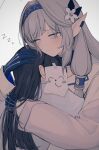  2girls 8rk9 arona&#039;s_sensei_doodle_(blue_archive) black_hair blazer blue_archive blue_gloves blue_hairband blush breast_pillow closed_mouth female_sensei_(blue_archive) flower from_behind gloves grey_eyes hair_flower hair_ornament hair_tubes hairband highres himari_(blue_archive) hug jacket layered_clothes long_bangs long_hair long_sleeves looking_at_another mole mole_under_eye multiple_girls pointy_ears ringed_eyes sensei_(blue_archive) sidelocks simple_background smile straight_hair upper_body white_background white_flower white_hair white_jacket yuri zzz 