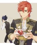  2boys basket black_pants blue_hair blush brown_eyes closed_mouth felix_hugo_fraldarius fire_emblem fire_emblem:_three_houses garreg_mach_monastery_uniform hair_between_eyes holding isa_(peien516) long_sleeves male_focus multiple_boys pants redhead shirt simple_background sylvain_jose_gautier upper_body weapon white_shirt 