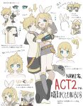  0211nami 1boy 1girl belt blonde_hair blue_eyes character_profile detached_sleeves eyelashes hair_ornament hairband hairpin headset highres kagamine_len kagamine_rin leg_warmers medium_hair microphone multiple_hairpins sailor_collar short_hair shorts simple_background translation_request v vocaloid white_background white_hairband yellow_belt 