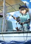  1girl :o absurdres alternate_costume animal_ears baseball_cap black_gloves blue_eyes blue_headwear boat bob_cut brown_hair cheval_grand_(umamusume) ears_through_headwear fingerless_gloves fishing_rod fusou_(fuso0205) gloves green_shirt grey_pants hat highres holding holding_fishing_rod horse_ears horse_girl inverted_bob pants shirt short_hair solo teeth umamusume upper_teeth_only watercraft 