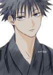  1boy black_eyes black_hair black_kimono closed_mouth commentary_request fushiguro_megumi japanese_clothes jujutsu_kaisen kimono looking_at_viewer male_focus nori20170709 portrait short_hair simple_background solo twitter_username white_background 