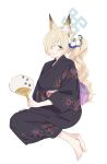  1girl animal_ears animal_hands barefoot black_kimono blonde_hair blue_archive blue_eyes blush closed_mouth dog_ears dog_paws dot_nose floral_print flower full_body gomibako_(gomibako_price) hair_flower hair_ornament hair_over_one_eye halo hand_fan highres holding holding_fan japanese_clothes kanna_(blue_archive) kimono long_hair looking_at_viewer notched_ear obi paw_print ponytail sash simple_background sitting solo white_background yokozuwari yukata 