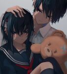  1boy 1girl 8rk9 absurdres bandaged_head bandages bandaid bandaid_on_face black_hair black_sailor_collar black_shirt black_socks blue_eyes blush brother_and_sister collared_shirt earclip grey_background hair_between_eyes hand_on_another&#039;s_head highres kneehighs knees_up long_hair long_sleeves looking_at_another neckerchief original red_neckerchief sailor_collar school_uniform serafuku shirt short_hair siblings sidelocks simple_background socks stuffed_animal stuffed_toy teddy_bear upper_body white_shirt 