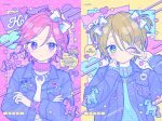  2boys alternate_hairstyle blonde_hair blue_background blue_jacket blue_sweater bow closed_mouth crossed_arms ensemble_stars! green_eyes hair_bow happypuppy_guu heart highres jacket long_sleeves looking_at_viewer male_focus multicolored_background multiple_boys multiple_hair_bows one_eye_closed oukawa_kohaku pink_background pink_hair purple_background shiratori_aira_(ensemble_stars!) shirt short_hair short_twintails star_(symbol) sweater twintails unicorn v violet_eyes white_shirt yellow_background 