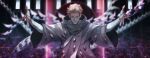  1boy arms_up blonde_hair blue_eyes cowboy_shot grin highres long_sleeves looking_at_viewer male_focus millions_knives mole mole_under_eye one_eye_closed open_hands purple_background robe short_hair smile solo standing trigun trigun_stampede tte_(t_ombi) white_robe wide_sleeves 