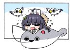  &gt;_&lt; 1girl bird blue_archive chan_co chibi closed_eyes fish fishing_rod flying_sweatdrops miyu_(blue_archive) open_mouth sacabambaspis seagull sweat 