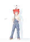  1girl absurdres ahoge blue_archive blue_eyes blue_overalls blush collarbone commentary_request double_bun enobun3gyo hair_bun halo hands_in_pockets highres maki_(blue_archive) overalls redhead shadow shoes simple_background smile sneakers solo standing translation_request white_background 