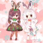  2girls animal_ears boots bow bowtie brown_eyes brown_hair coat dress elbow_gloves european_hare_(kemono_friends) extra_ears gloves kemono_friends kikuchi_milo long_hair looking_at_viewer mountain_hare_(kemono_friends) multiple_girls pantyhose rabbit_ears rabbit_girl rabbit_tail short_hair simple_background skirt tail white_hair 
