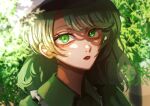  1girl collar collared_shirt forest green_eyes green_shirt hat highres long_hair looking_at_viewer mamiru_(42105269) nature one-hour_drawing_challenge shaded_face shadow shirt sunlight touhou yamashiro_takane 