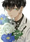  1boy black_hair blue_flower bouquet closed_mouth collared_shirt commentary_request earrings flower formal green_eyes hair_between_eyes holding holding_bouquet hoop_earrings jewelry lapels matsuno_chifuyu necktie nori20170709 notched_lapels shirt short_hair sideways_glance simple_background solo tokyo_revengers upper_body white_background white_flower 