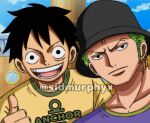 2boys alternate_costume black_hair black_headwear closed_mouth earrings green_hair hat jewelry looking_at_viewer monkey_d._luffy multiple_boys one_piece one_piece_(live_action) open_mouth roronoa_zoro scar scar_on_cheek scar_on_face short_hair sidmurphyx single_earring smile teeth thumbs_up watermark