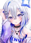  1girl amane_kanata amane_kanata_(6th_costume) blue_hair casual collarbone colored_inner_hair expressionless grey_hair hair_between_eyes hair_ornament hairclip highres hololive looking_at_viewer multicolored_hair multiple_hairpins off-shoulder_shirt off_shoulder official_alternate_costume parted_lips shirt short_hair_with_long_locks simple_background single_hair_intake solo sui._(suikun) upper_body violet_eyes virtual_youtuber white_background x_hair_ornament 