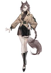  1girl absurdres animal_ear_fluff animal_ears arknights asymmetrical_bangs black_footwear black_nails black_shirt black_skirt boots braid breasts brown_eyes brown_hair brown_jacket crop_top hair_between_eyes hand_on_own_hip highres jacket knee_boots long_hair long_sleeves midriff mole_above_eye nail_polish navel penance_(arknights) puffy_long_sleeves puffy_sleeves shinsawalk shirt simple_background single_braid skirt small_breasts solo tail very_long_hair white_background 