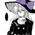  ... 1girl adapted_costume black_gloves black_headwear black_jacket bow braid gloves hair_bow hat hat_bow hitte5416 jacket kirisame_marisa long_hair long_sleeves purple_bow shirt simple_background single_braid solo spoken_ellipsis touhou upper_body white_background white_shirt witch_hat yellow_eyes 