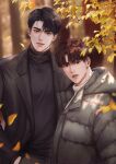  2boys autumn autumn_leaves black_coat black_hair blurry blurry_background branch brown_hair closed_mouth coat fangs grey_jacket highres jacket leaf looking_at_viewer male_focus multiple_boys open_clothes open_coat open_jacket original outdoors parted_lips ppang_sik short_hair tree upper_body 