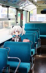  1girl ahoge backpack bag black_shirt blush bow brown_eyes bus_interior cellphone closed_mouth commentary day grey_hair grey_sailor_collar hair_ornament hairclip highres holding holding_phone long_sleeves nakkar original phone photo_background plaid_sailor_collar puffy_long_sleeves puffy_sleeves sailor_collar shirt solo twintails white_bow 