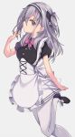  1girl absurdres alternate_costume apron black_footwear buttons closed_mouth enmaided grey_background grey_eyes grey_hair hair_between_eyes highres kantai_collection long_hair maid maid_apron one_side_up pantyhose puffy_short_sleeves puffy_sleeves shoes short_sleeves simple_background solo suzutsuki_(kancolle) uut white_apron white_pantyhose 