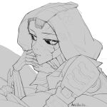  1girl absurdres android animification apex_legends artist_name ash_(titanfall_2) chinese_commentary cracked_skin danieldanlllll expressionless greyscale highres hood hood_up looking_to_the_side lying monochrome on_stomach pillow simulacrum_(titanfall) white_background 