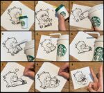  1girl chibi drinking fat fujiwara_no_mokou highres jokanhiyou napkin pants photo_(medium) sketch starbucks starbucks_siren tagme touhou unconventional_media 