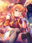  1girl absurdres animal_ears breasts carnival casual collarbone ferris_wheel highres horse_ears horse_girl horse_tail jewelry looking_at_viewer mayano_top_gun_(umamusume) midriff necklace night official_art open_mouth orange_eyes orange_hair shorts small_breasts solo sparkle tail thigh-highs umamusume 