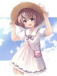  1girl bag blue_eyes blue_sky brown_hair clouds commentary_request cowboy_shot dress frilled_dress frills hair_ornament hairclip handbag hat holding holding_clothes holding_hat original puffy_short_sleeves puffy_sleeves short_hair short_sleeves sky smile solo straw_hat sun_hat tougo white_dress 