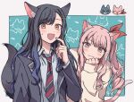  1girl 1other :d akiyama_mizuki androgynous animal_ear_fluff animal_ears animalization aqua_background b718293 baggy_clothes black_hair black_jacket black_necktie blazer blush border buttons cardigan cat cat_ears cat_girl cat_tail cathead closed_mouth collared_shirt diagonal-striped_necktie doodles drill_hair fang fangs finger_to_mouth fish framed hair_ornament hand_on_own_chin hand_up index_finger_raised jacket kamiyama_high_school_uniform_(project_sekai) kemonomimi_mode lapels long_hair long_sleeves looking_at_viewer loose_necktie multicolored_necktie necktie notched_lapels open_clothes open_collar open_jacket orange_eyes outside_border paperclip_hair_ornament pink_eyes pink_hair pink_shirt project_sekai red_necktie school_uniform shiraishi_an shirt side-by-side side_ponytail single_stripe sleeves_past_wrists smile star_(symbol) star_hair_ornament striped swept_bangs tail unbuttoned upper_body wavy_hair wavy_mouth white_border white_cardigan white_necktie white_shirt white_stripe 