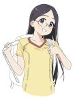  1girl backpack bag black_hair cropped_torso glasses grin hair_ornament hairpin head_tilt highres ksrvgn long_hair multiple_hairpins partially_colored round_eyewear saitou_kaede_(yama_no_susume) semi-rimless_eyewear shirt smile solo t-shirt teeth violet_eyes white_background yama_no_susume yellow_shirt 