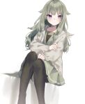  1girl absurdres black_pantyhose black_shirt blush cardigan dress feet_out_of_frame green_dress green_hair grey_cardigan hand_on_own_arm highres knees_together_feet_apart kusanagi_nene layered_clothes long_bangs long_hair long_sleeves looking_to_the_side nuko_0108 pantyhose parted_lips project_sekai raised_eyebrows shadow shirt sidelocks sitting solo straight_hair teeth violet_eyes 