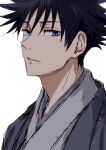  1boy black_hair blue_eyes closed_mouth commentary_request fushiguro_megumi japanese_clothes jujutsu_kaisen looking_at_viewer male_focus nori20170709 portrait short_hair sideways_glance simple_background solo white_background 
