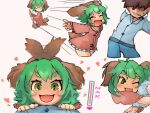  1boy 1girl animal_ears blue_shirt brown_dress brown_hair commentary_request dog_ears dress green_hair heart heart-shaped_pupils kasodani_kyouko long_sleeves multiple_views shirt short_hair simple_background symbol-shaped_pupils touhou yoshiyuki_(14330975) 