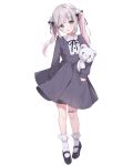  1girl :o bandaid bandaid_on_knee bandaid_on_leg bandaid_on_neck bear_hair_ornament black_footwear black_ribbon blush bobby_socks bow collared_dress commentary_request cross cross_hair_ornament dress frilled_dress frilled_socks frills full_body grey_dress grey_hair hair_bow hair_ornament hair_ribbon head_tilt highres holding holding_stuffed_toy long_hair long_sleeves looking_at_viewer moeko_(moeko0903) multicolored_hair object_hug open_mouth original pinafore_dress pink_hair ribbon shirt shoes sidelocks simple_background sleeveless sleeveless_dress sleeves_past_wrists socks standing stuffed_animal stuffed_toy teddy_bear twintails two-tone_hair violet_eyes white_background white_socks yukimura-chan 