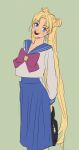  1girl bishoujo_senshi_sailor_moon blonde_hair blue_eyes blue_skirt bow carrying_bag collared_shirt green_background highres long_sleeves open_mouth purple_bow rabbit_keychain shirt skirt smile solo standing suyohara tsukino_usagi upper_body 