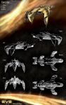  3d absurdres amarr_empire_(eve_online) battlecruiser_(eve_online) commentary concept_art copyright_name eve_online from_side highres military_vehicle multiple_views no_humans original peet-b reference_sheet science_fiction spacecraft thrusters vehicle_focus 