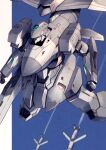  absurdres assault_visor blue_background clenched_hands flying highres looking_down mecha missile no_humans original robot science_fiction solo takahashi_masaki 