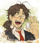 1boy brown_hair cigarette cup drinking_glass drunk facial_hair glasses gregor_(limbus_company) happy kuppa_rkgk limbus_company male_focus necktie open_mouth ponytail project_moon shirt shot_glass smile solo vest 