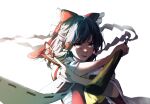  1girl ayura8901 black_hair bloom blurry depth_of_field foreshortening gohei hair_tubes hakurei_reimu hands_up highres holding holding_stick long_hair perspective sidelighting simple_background solo stick touhou white_background yellow_eyes 