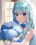  1girl aqua_eyes aqua_hair bare_shoulders blue_bow blue_bowtie blue_flower blurry blurry_background bouquet bow bowtie bridal_veil bride closed_mouth commentary detached_collar detached_sleeves dress flower fujita_natsumi hatsune_miku highres holding holding_bouquet indoors light_blush looking_at_viewer see-through see-through_sleeves sleeveless sleeveless_dress smile solo twintails upper_body veil vocaloid white_dress window 
