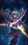  1girl armor autobot blue_eyes breasts casey_w._coller curvy energy_sword humanoid_robot lips looking_at_viewer medium_breasts official_art panties red_lips red_panties robot shoulder_armor space sword the_transformers_(idw) transformers underwear weapon windblade wings 